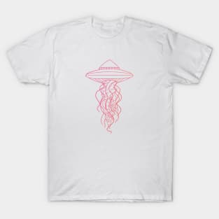 UFO Jellyfish Pink Peach Tones Line Art Drawing Space Sea T-Shirt